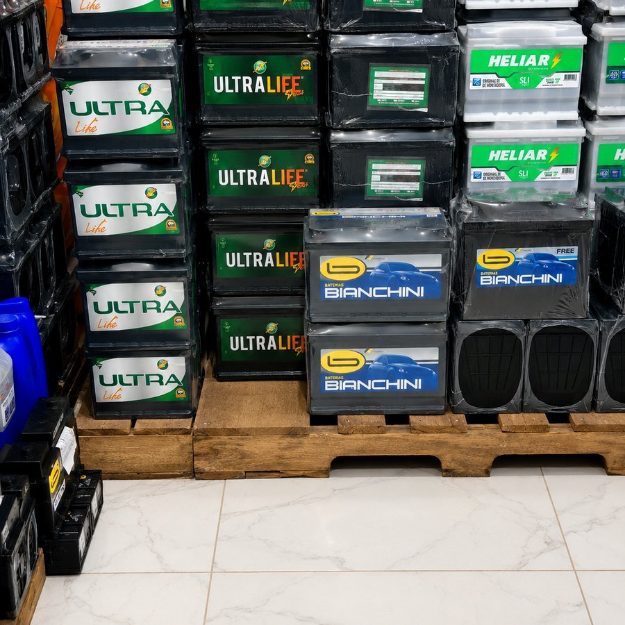 Estoque de baterias e produtos automotivos da Evolução Baterias DF